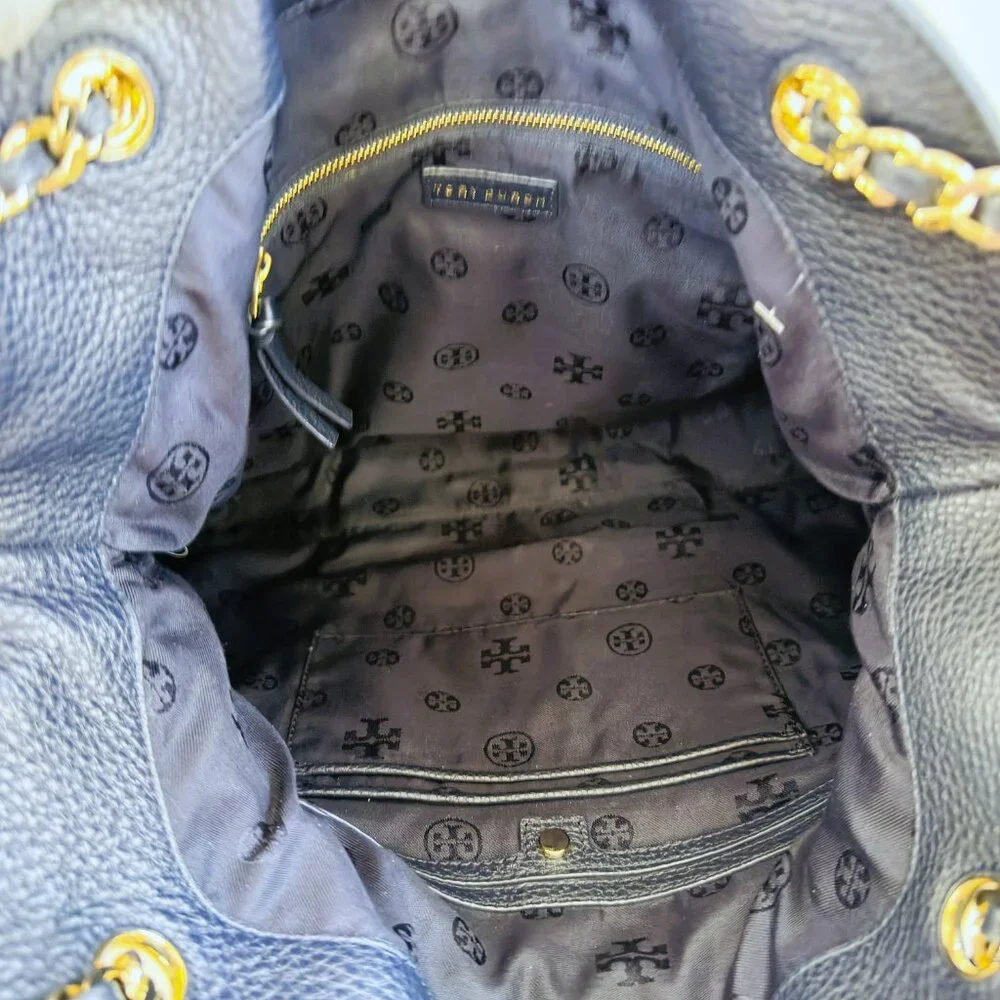 Tory Burch THEA Navy Blue Pebbled Leather‎ Gold Chain Shoulder Tote Bag